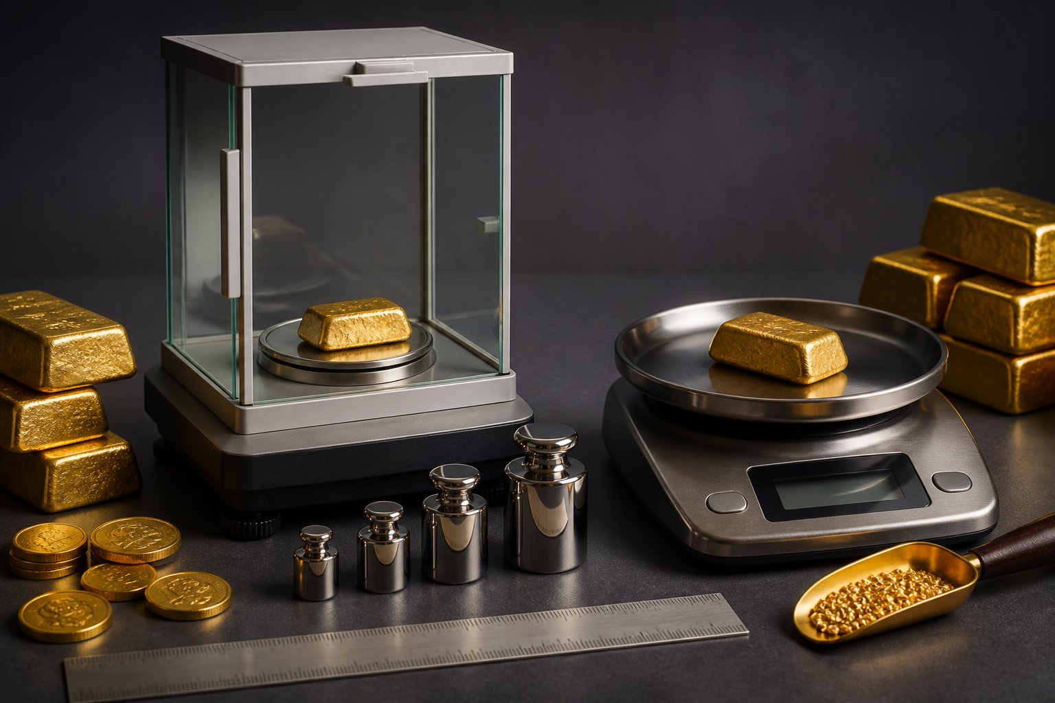 Gold bars and coins are being compared on two precision scales.