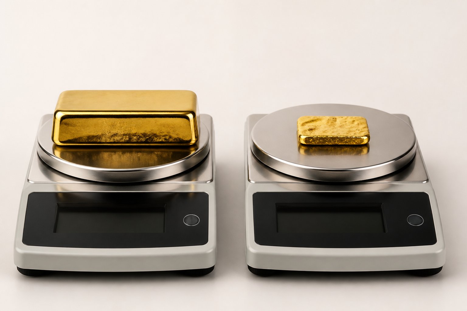 Two gold samples are compared on precision weighing scales.