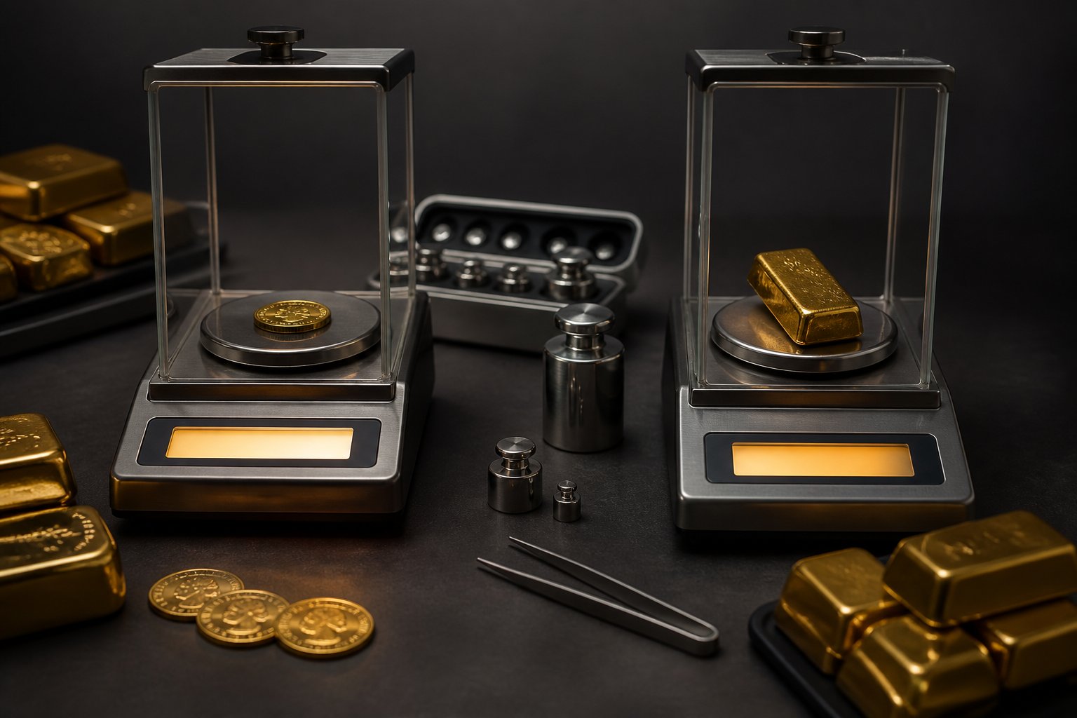 Gold bars and coins displayed on precision scales for comparing two units of measurement.