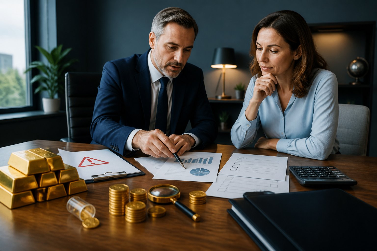 A financial advisor and client review gold coins, documents, and investment materials at a modern office desk.