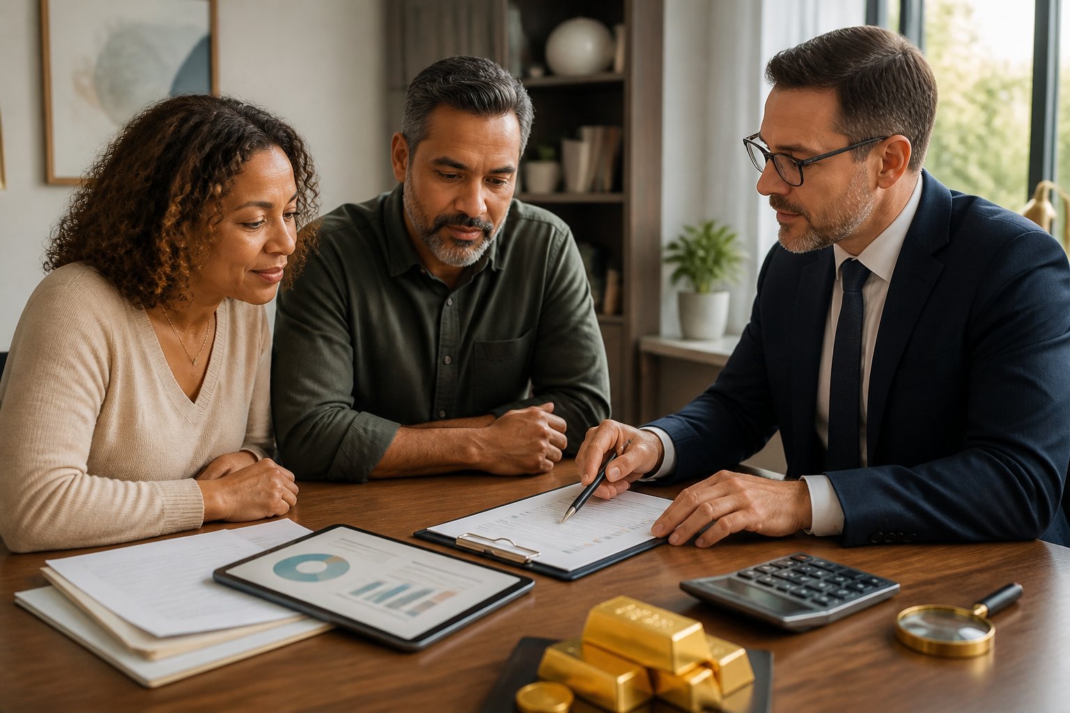 A couple reviews retirement investment documents with a financial advisor beside gold assets and a calculator.