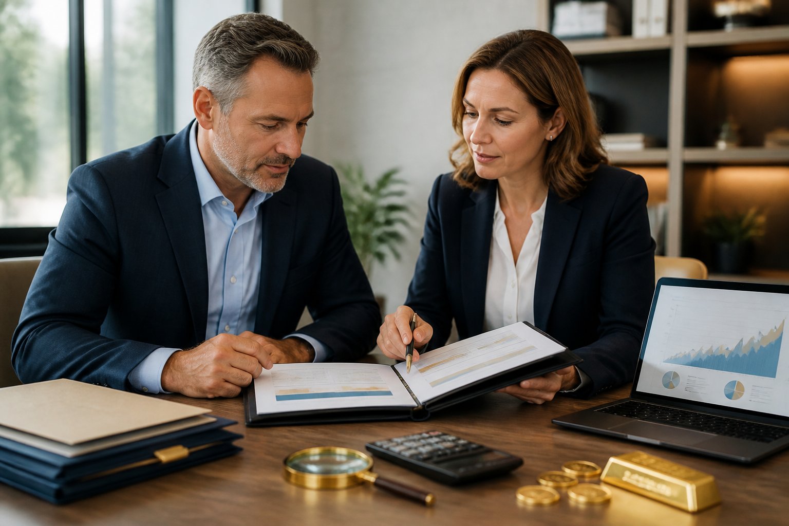 An investor and financial adviser compare secure investment documents beside gold assets in a modern office.