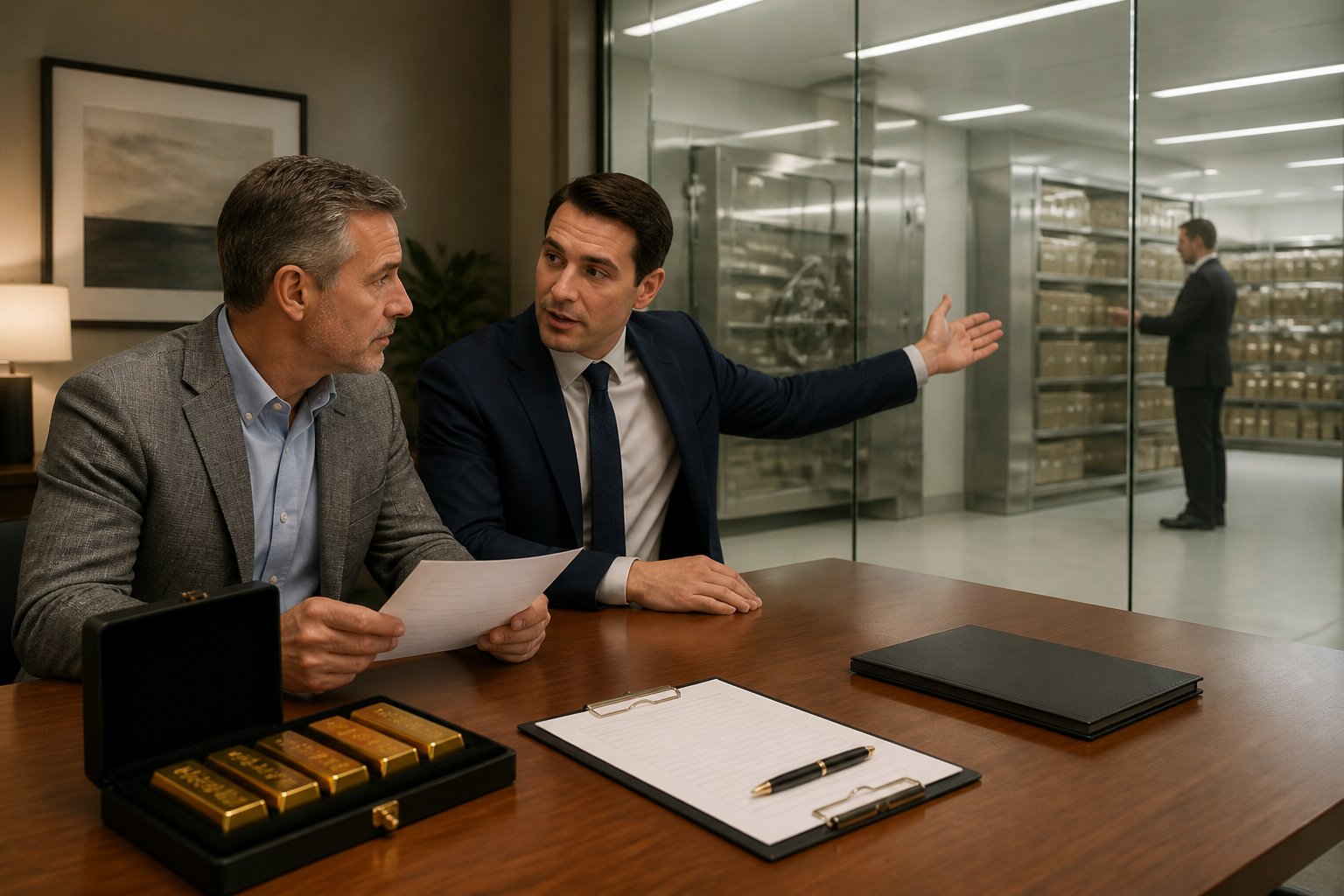A financial advisor and investor reviewing gold IRA documents beside secured gold bullion.