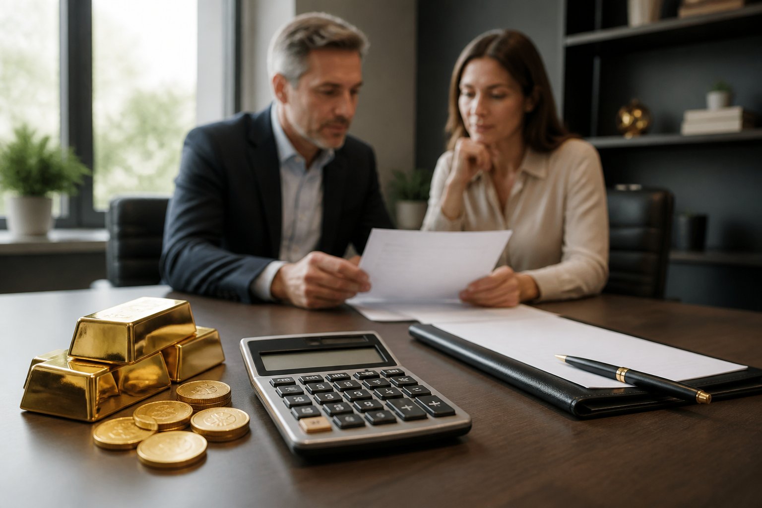 Gold bars, coins, and a calculator on a desk while a financial advisor and client review documents in the background.