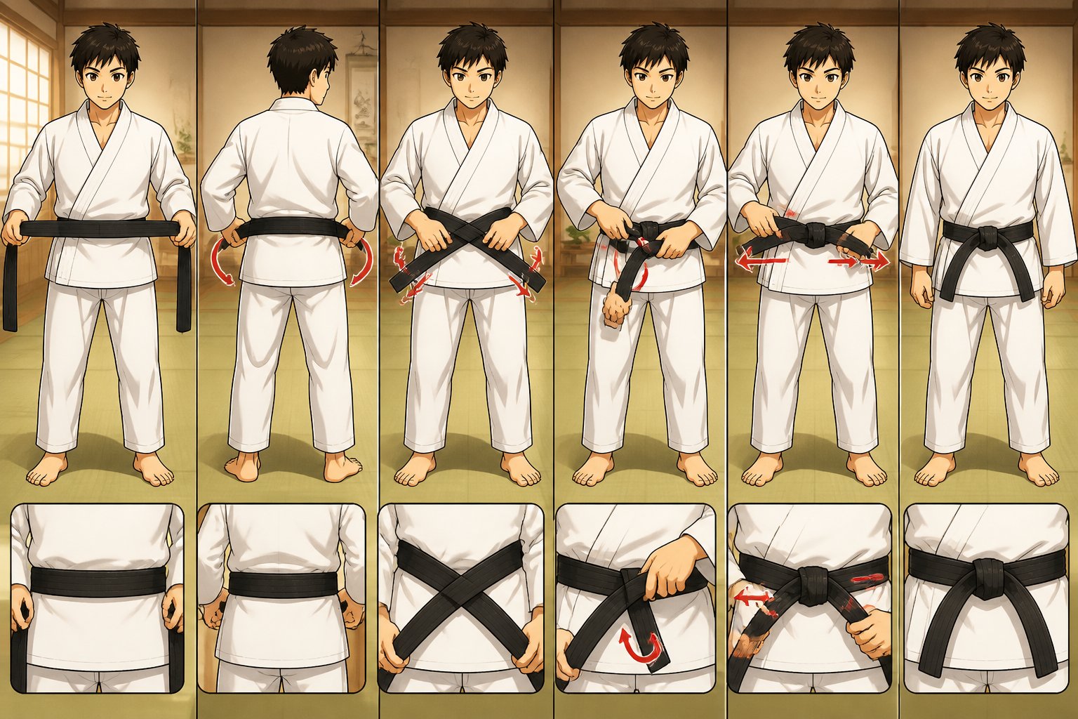 A martial artist demonstrates the steps for wrapping and tying a belt around a white gi in a dojo.