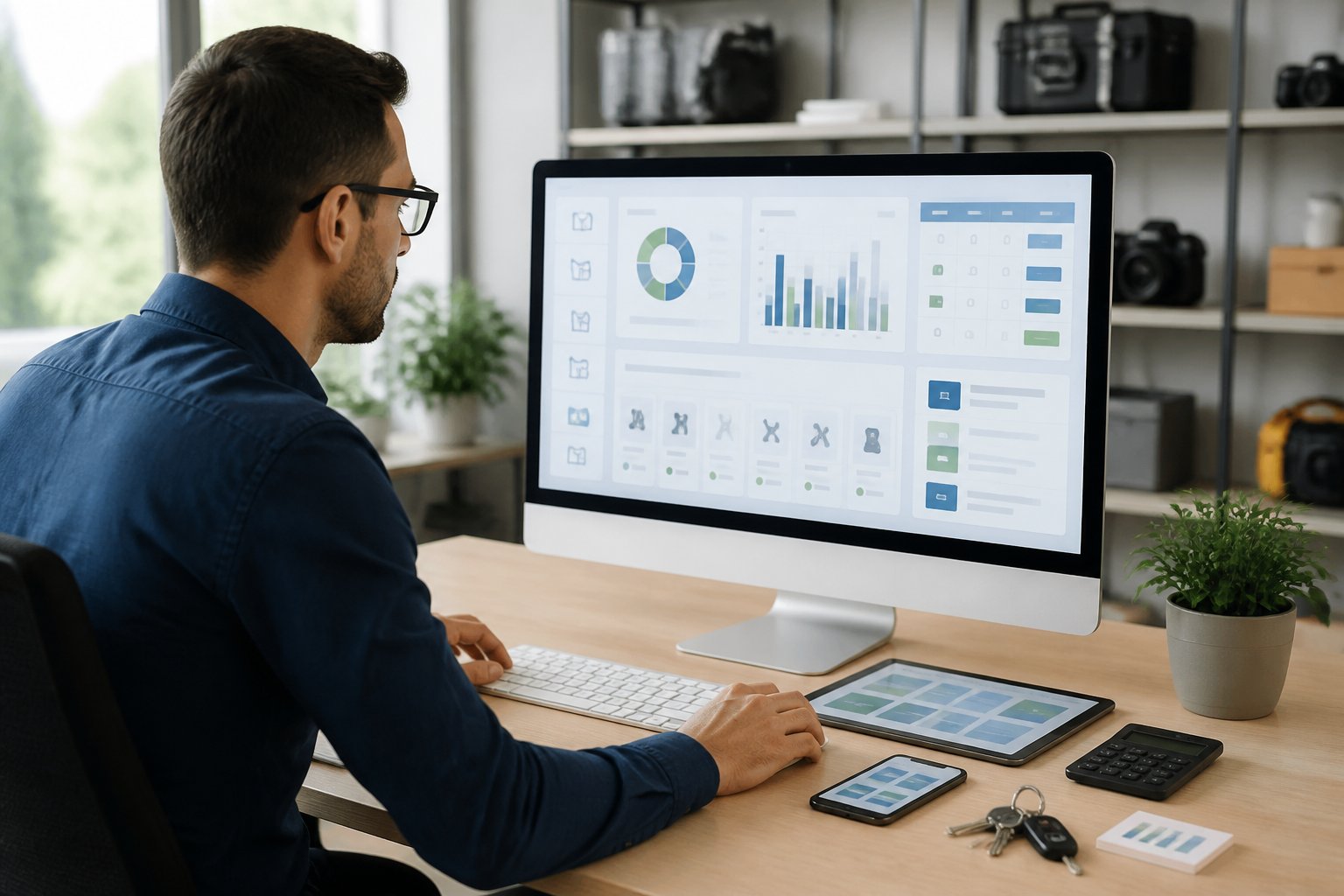 Eine Fachperson analysiert an einem Computer die Kosten und Funktionen einer Verleihsoftware.