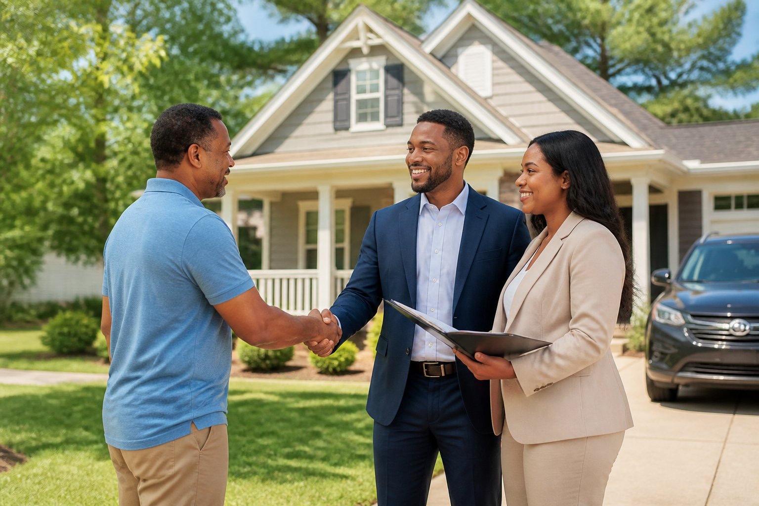 Home buyers shake hands with a homeowner outside a suburban house.