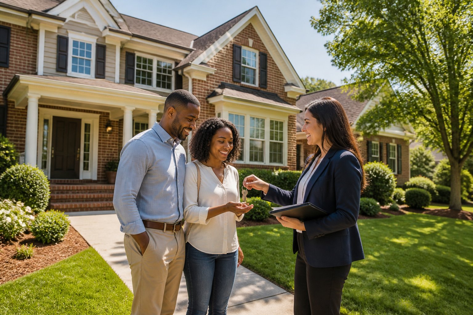 A couple meets a real estate professional outside a well-maintained suburban home in Atlanta.