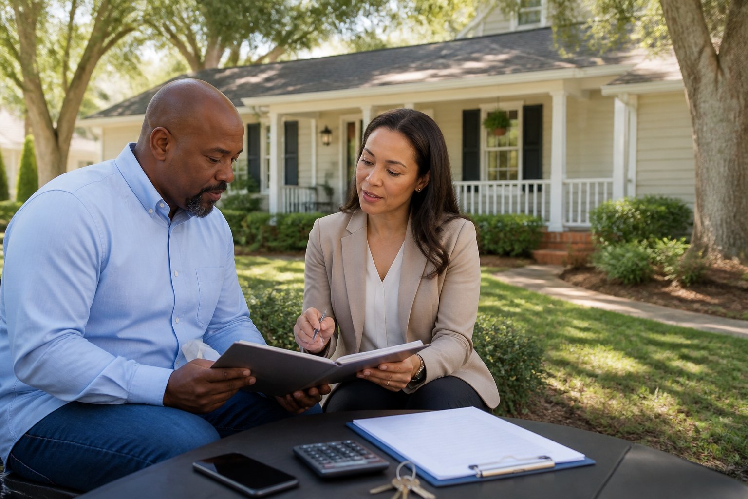 A homeowner and real estate professional discuss documents and house keys in front of a suburban Georgia home.
