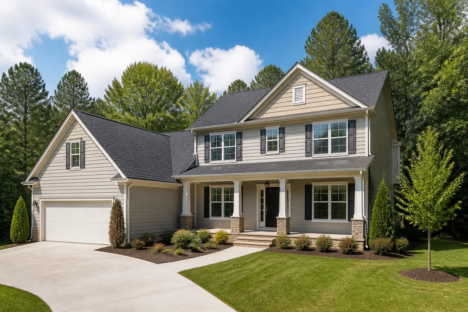 Vacant suburban house with a neatly maintained lawn and landscaping on a sunny day.