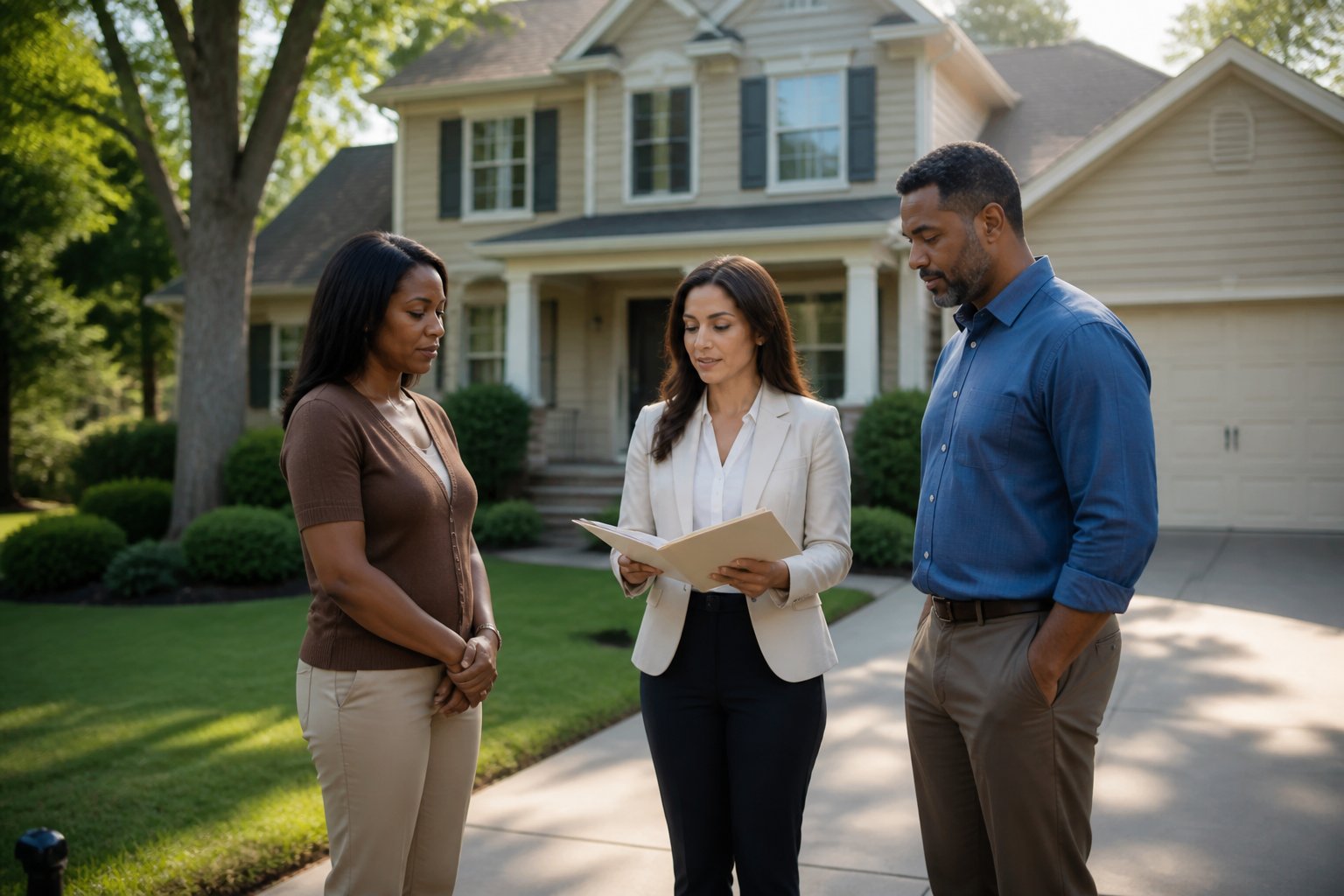 A former couple and a real estate professional discuss selling a suburban home in a landscaped front yard.