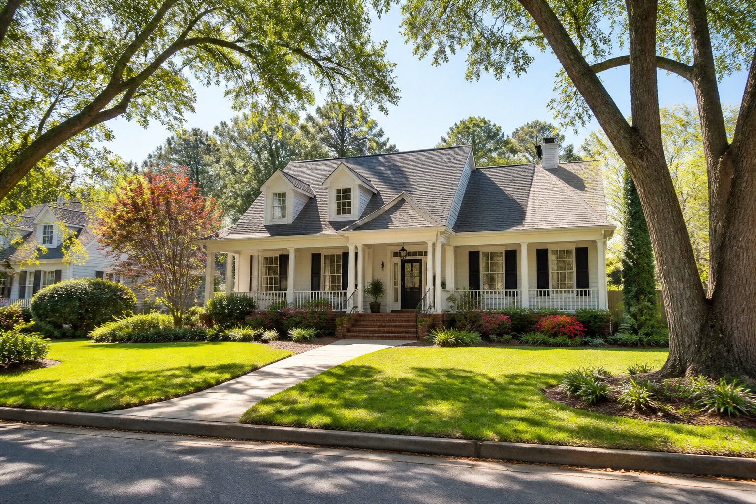 A well-maintained suburban house with a front porch, green lawn, and mature trees.