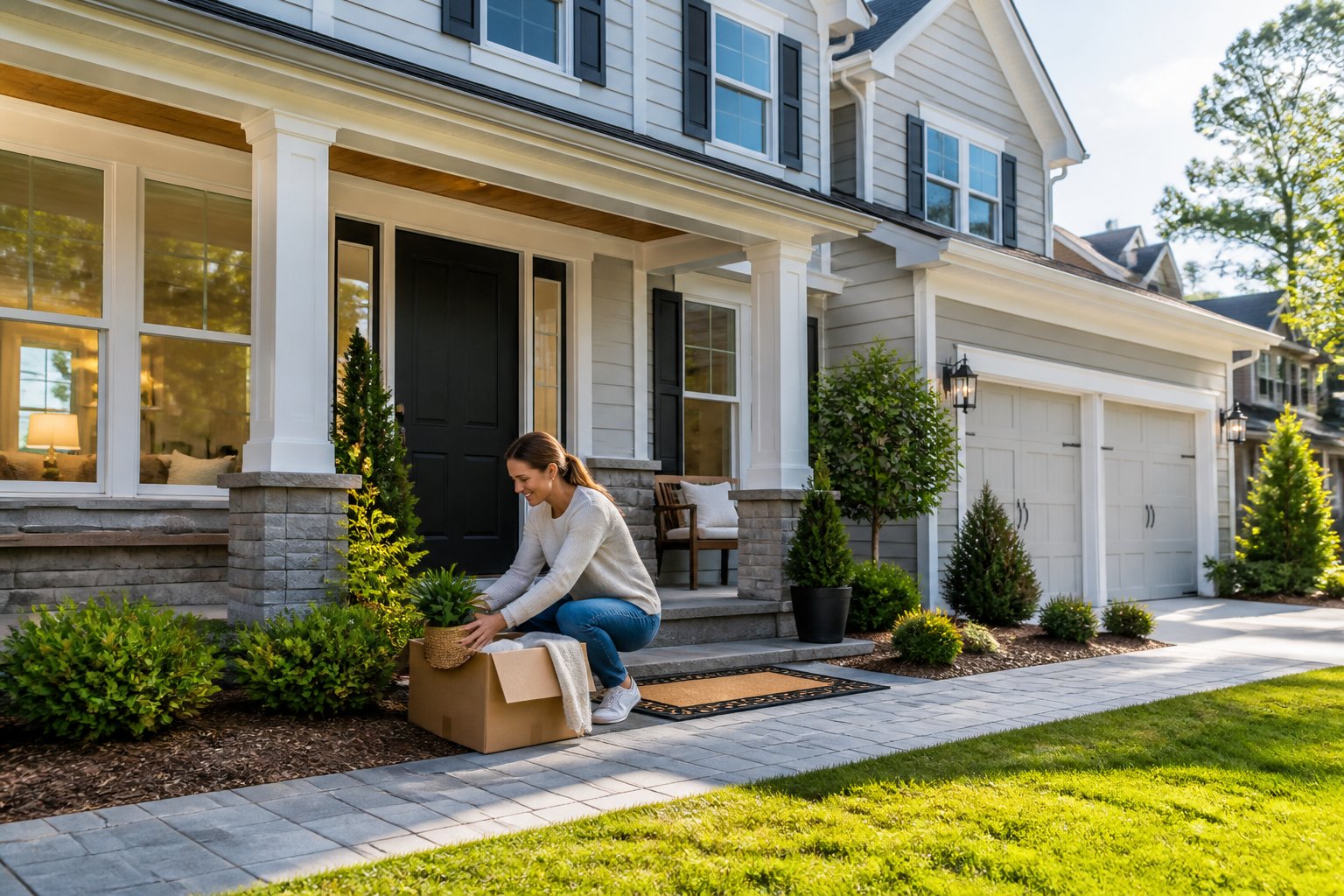 A homeowner prepares a clean, well-landscaped suburban house for sale.