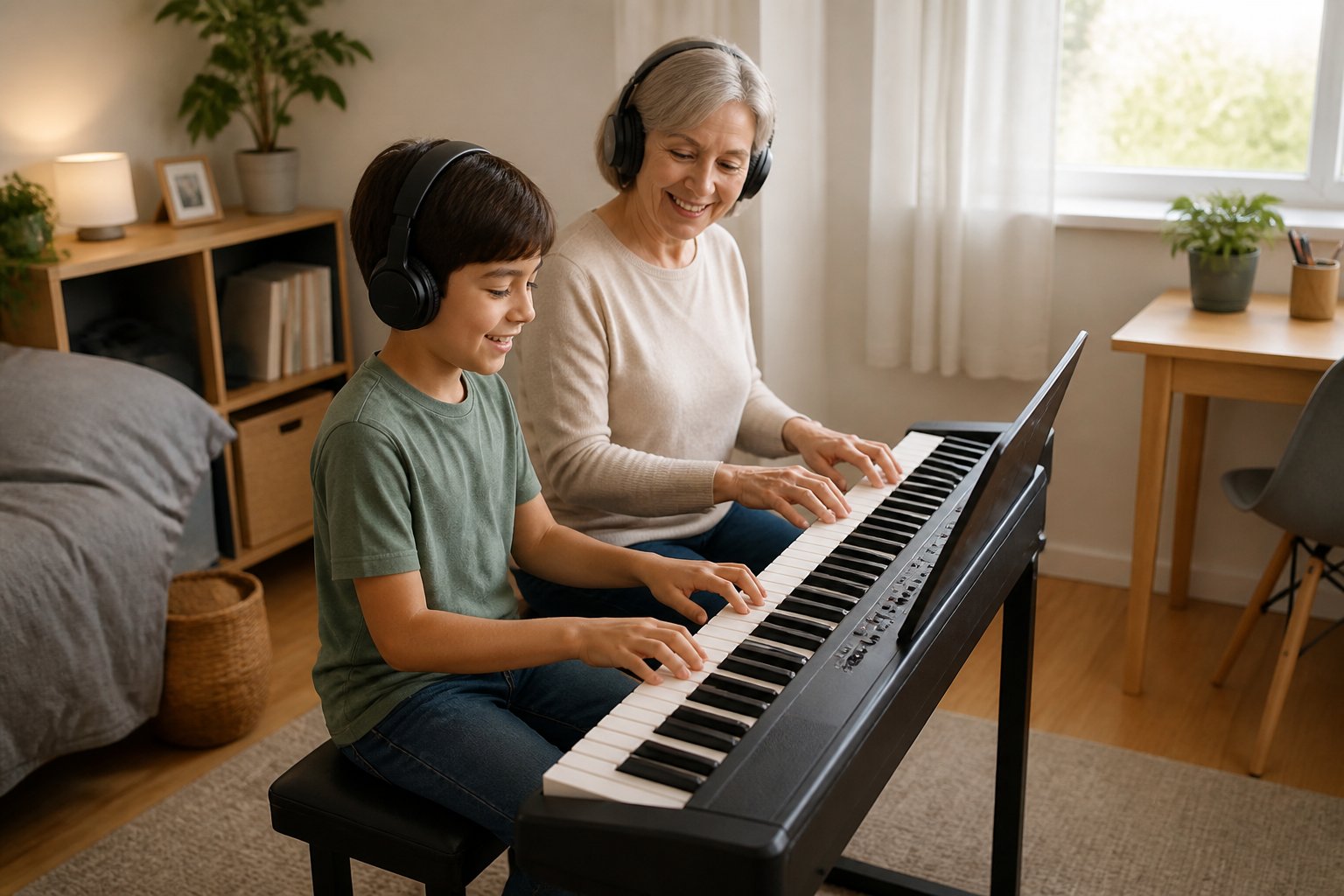 Una joven y una persona mayor practican piano en un teclado compacto dentro de un hogar pequeño.