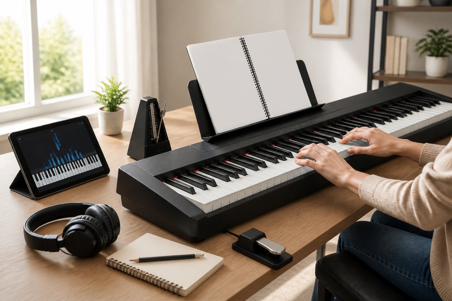 Teclado digital con accesorios para practicar piano en una habitación luminosa.
