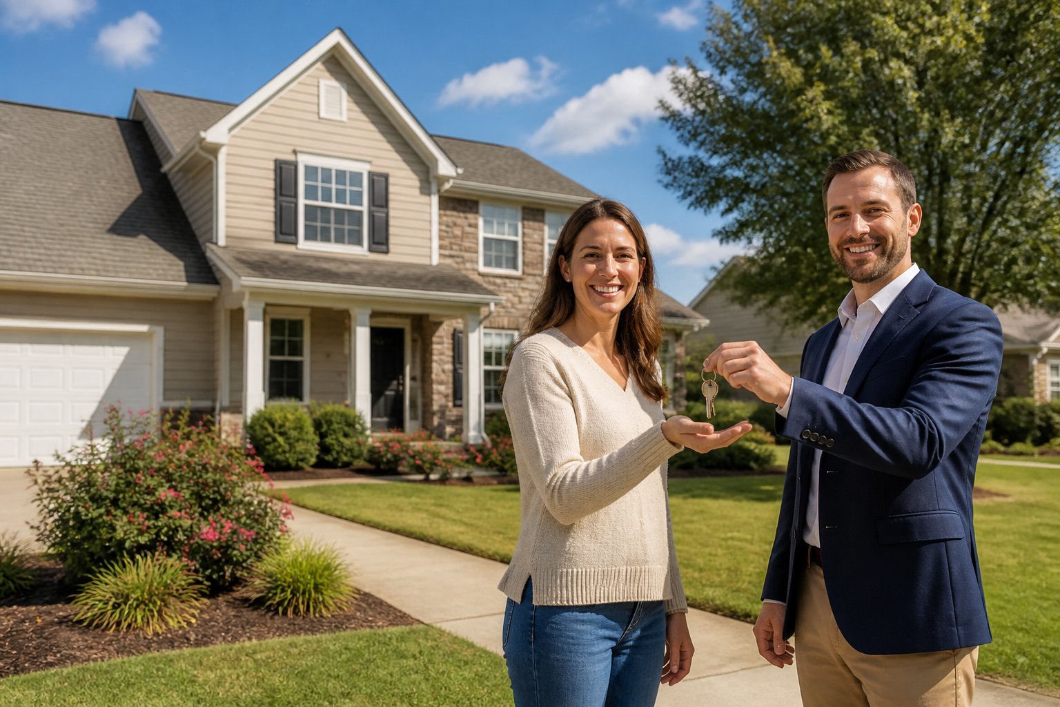 A homeowner and real estate agent exchange house keys in front of a well-maintained suburban home.