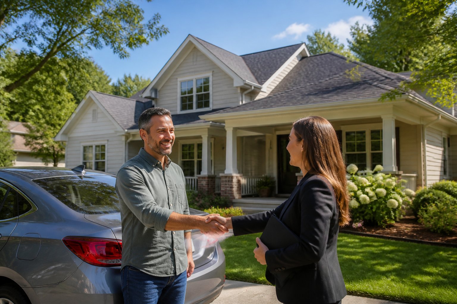 A homeowner and real estate agent shake hands in front of a well-maintained suburban house in Georgia.