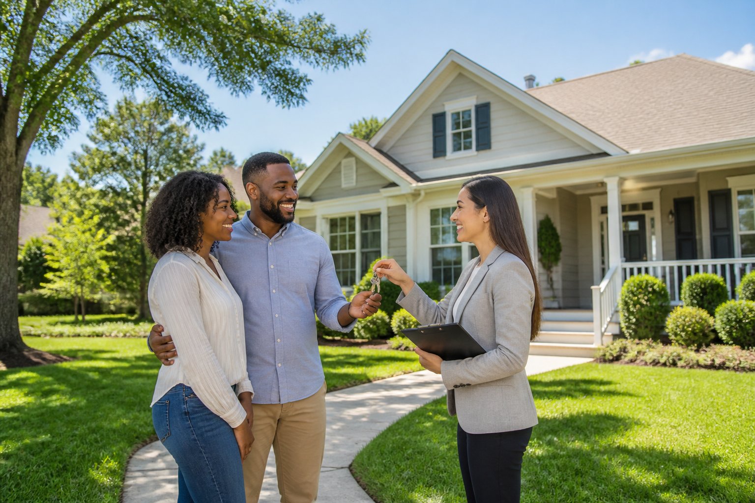 A couple speaks with a real estate agent outside a welcoming suburban home while holding house keys.