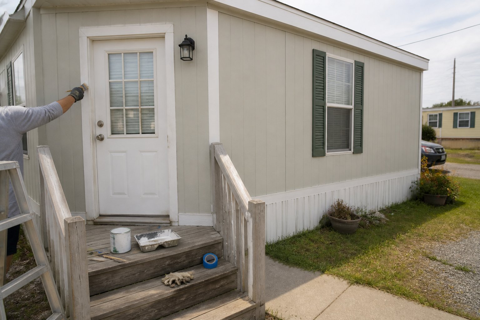 A person paints the trim of a freshly renovated mobile home while painting tools sit near the front steps.