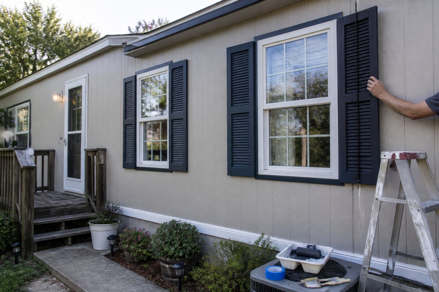 A modest mobile home with contrasting window trim and shutters, paint supplies, and a ladder nearby.