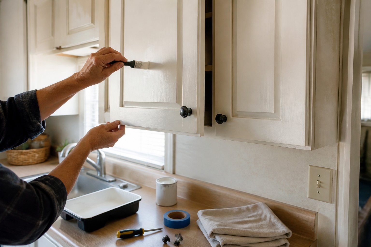 A person paints bright white kitchen cabinets with a brush while DIY tools and supplies sit on the countertop.