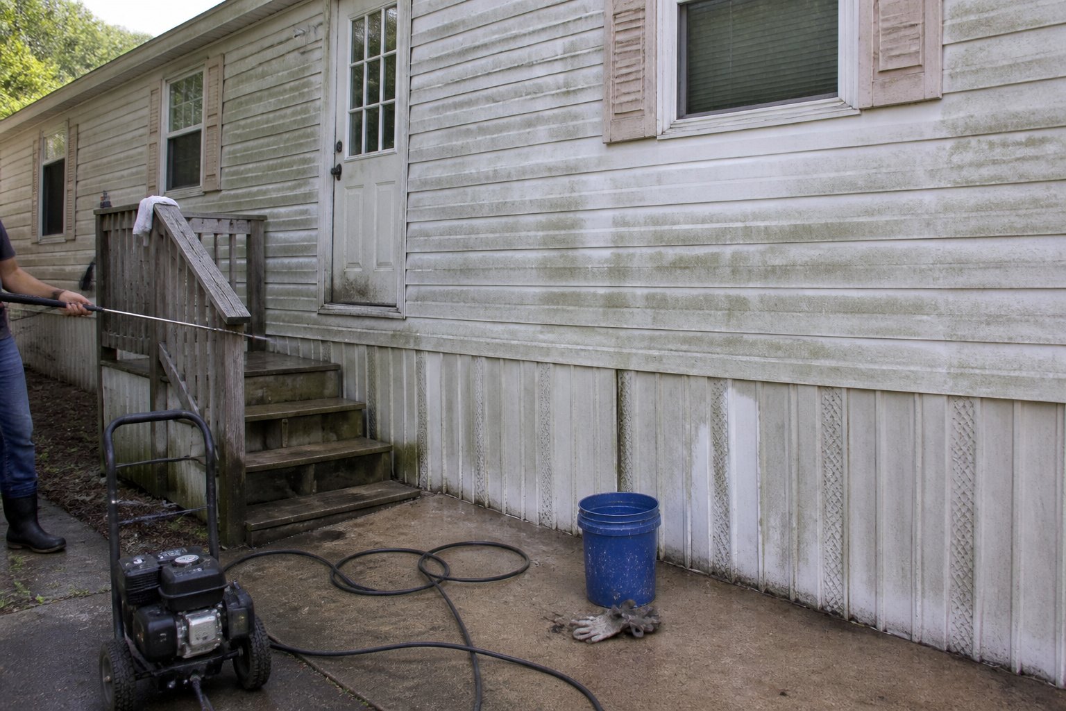 A pressure washer and tools sit beside the weathered exterior of a mobile home before painting.