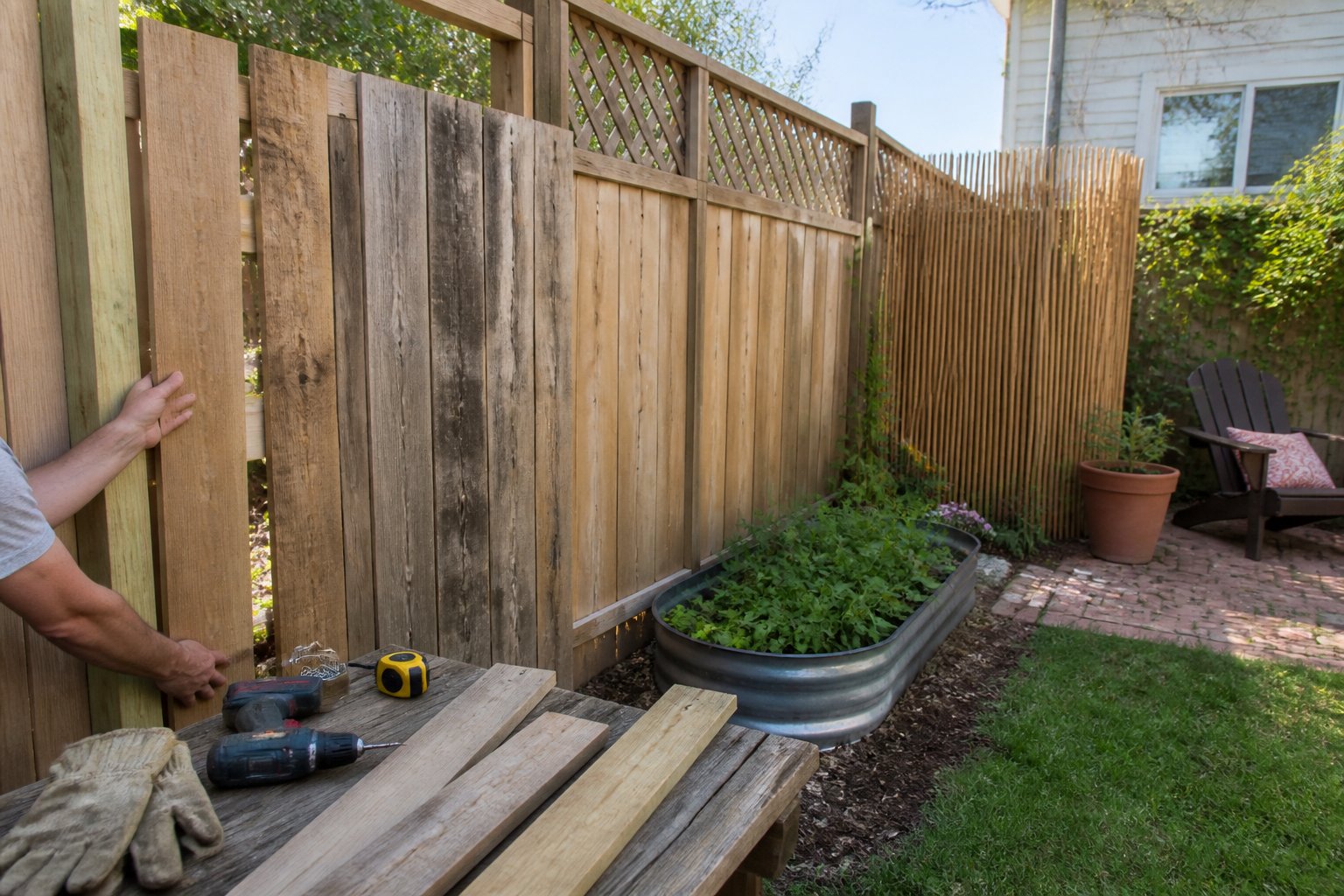 A homeowner installs a simple wooden privacy fence in a backyard with tools and fence boards nearby.