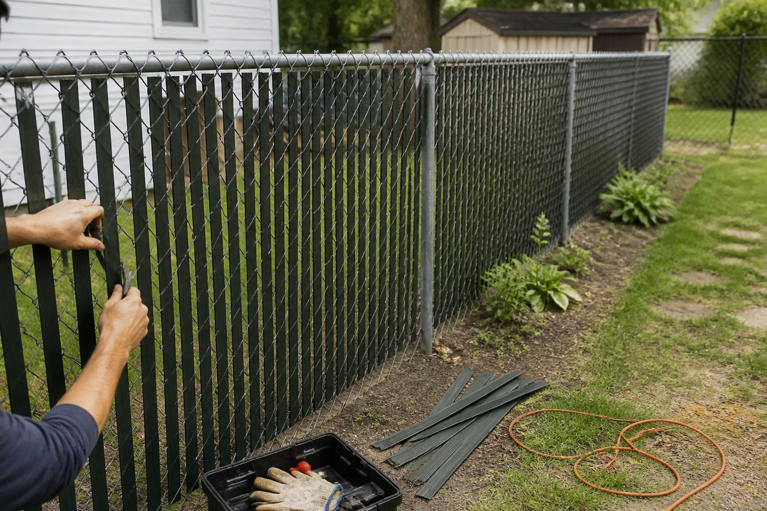 A person installs privacy slats into a chain-link fence beside a residential yard.