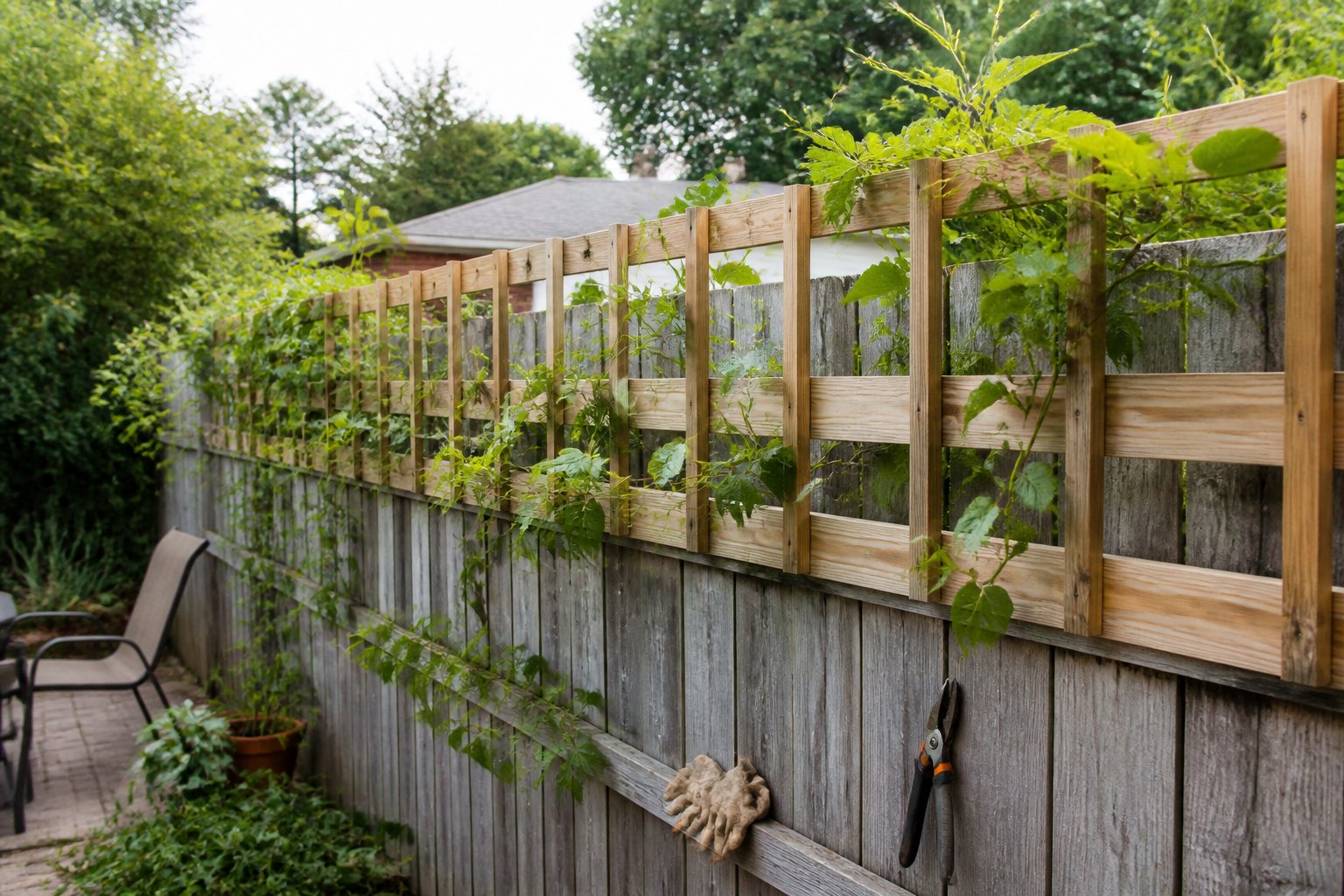 A wooden fence topper covered with green climbing vines in a residential backyard, with gardening tools nearby.
