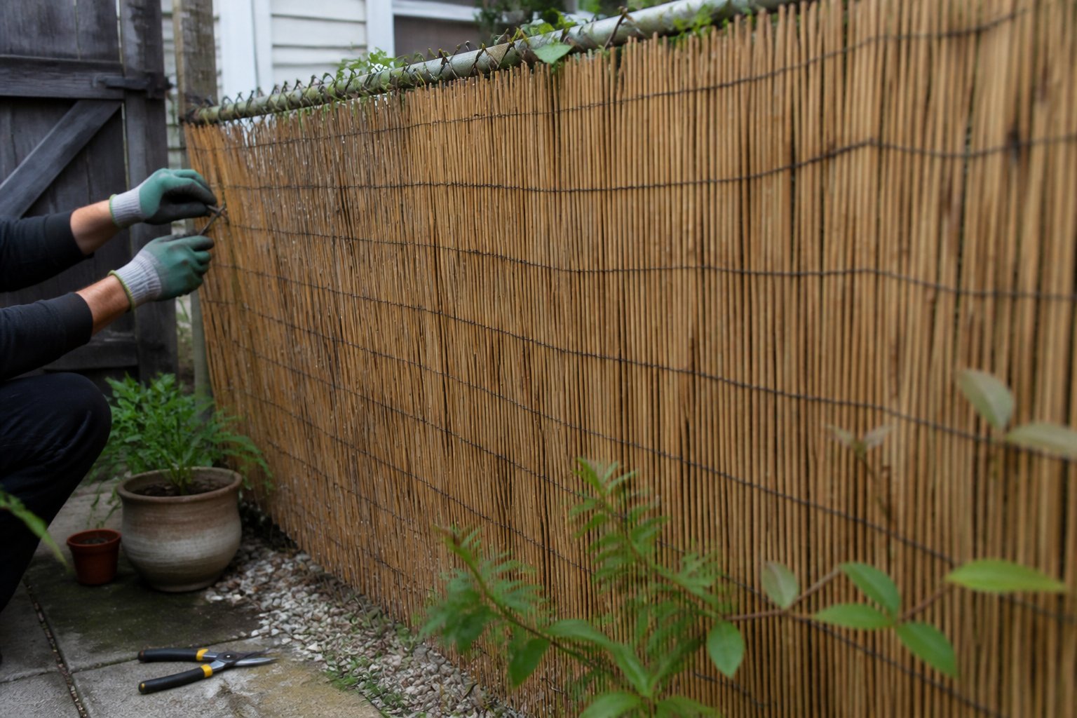 A reed privacy fence attached to a backyard fence, with gardening tools and a person’s hands securing the reeds.