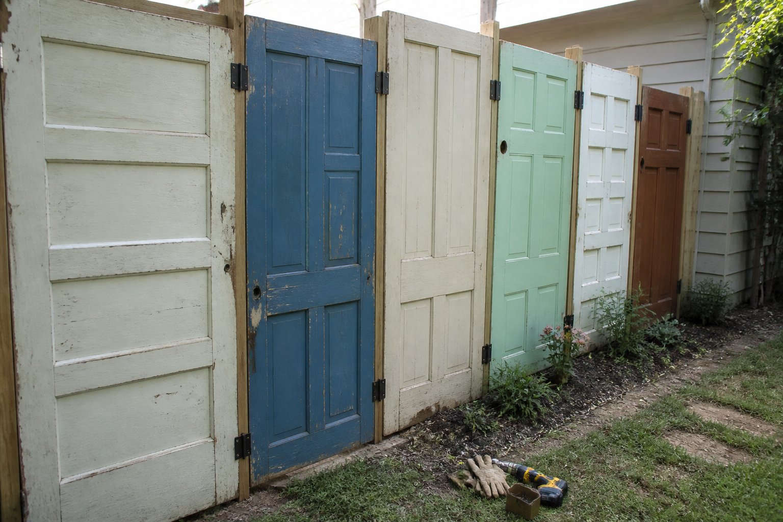 A backyard privacy fence made from mismatched salvaged wooden doors, with garden plants and a few DIY tools nearby.