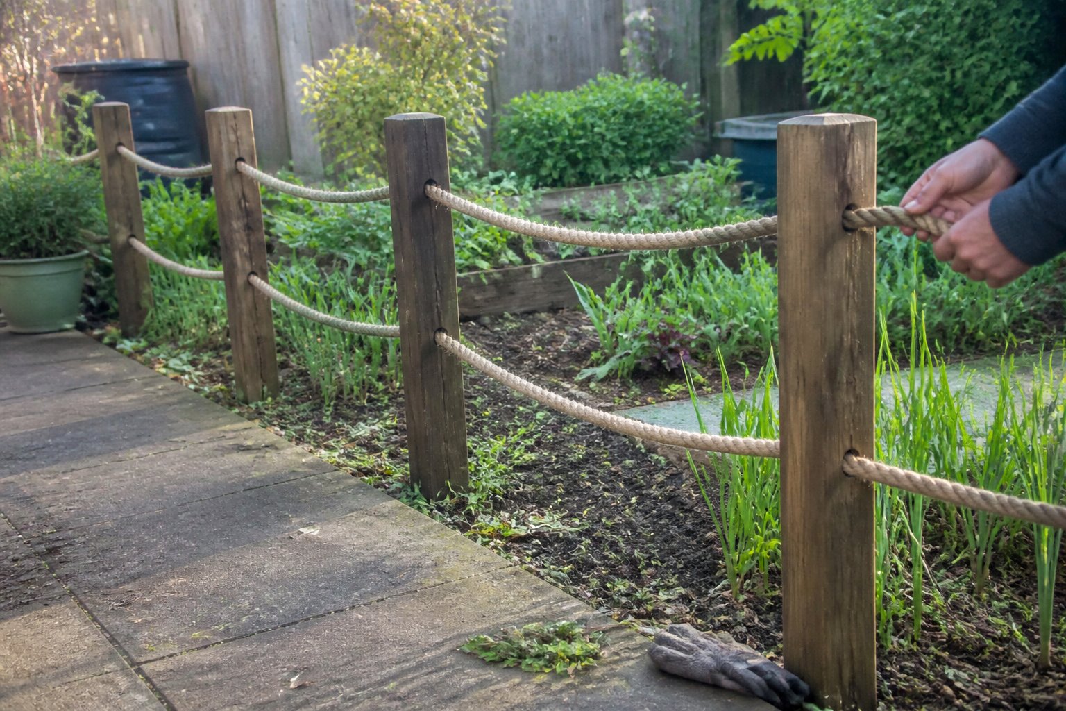 A simple rope-and-wood-post privacy barrier separates a garden from a backyard patio.