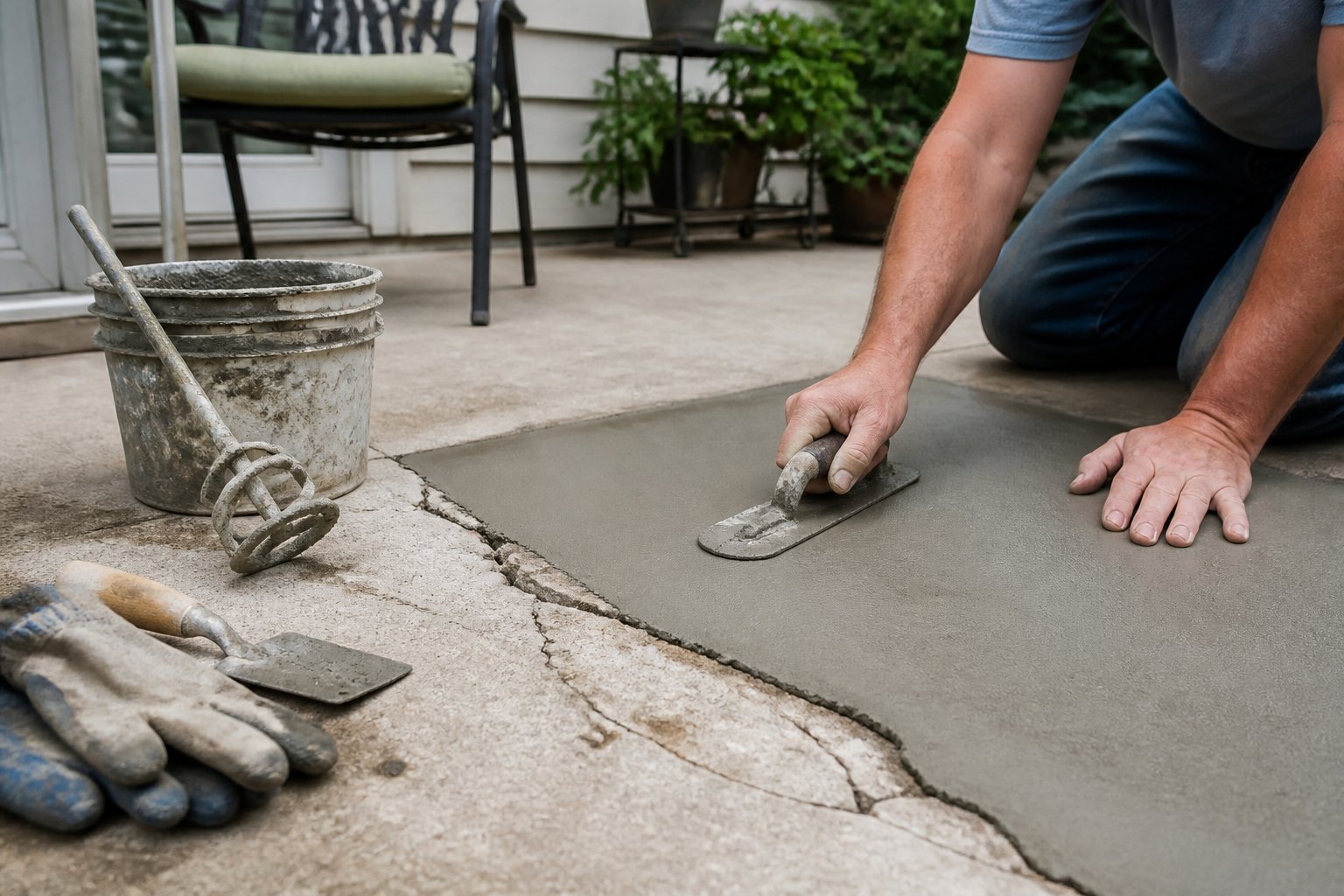 A homeowner smooths a repaired section of a cracked concrete patio with a trowel while tools and supplies sit nearby.