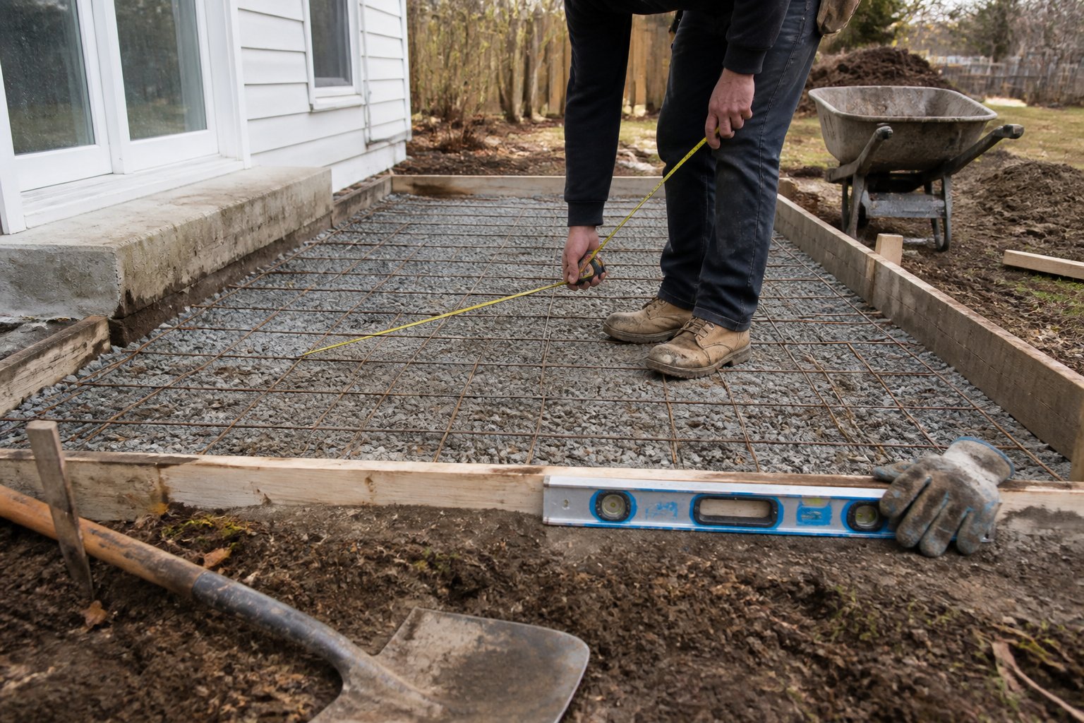 A worker prepares the base and wooden forms for a concrete patio in a backyard.