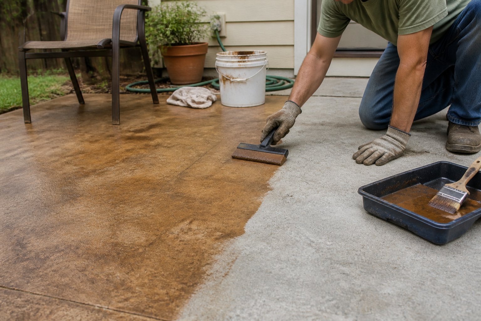 A homeowner stains part of a concrete patio while tools and a bucket sit nearby, showing the contrast between stained and unstained concrete.