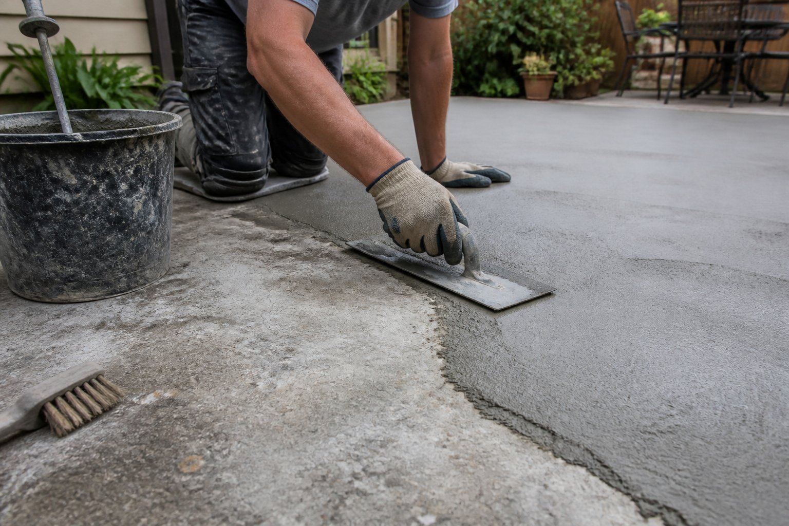 A homeowner spreads a gray cement overlay across an old concrete patio using a trowel, with renovation tools nearby.