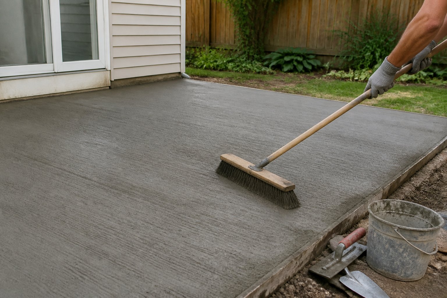 A worker uses a broom to texture a gray concrete patio beside several hand tools.