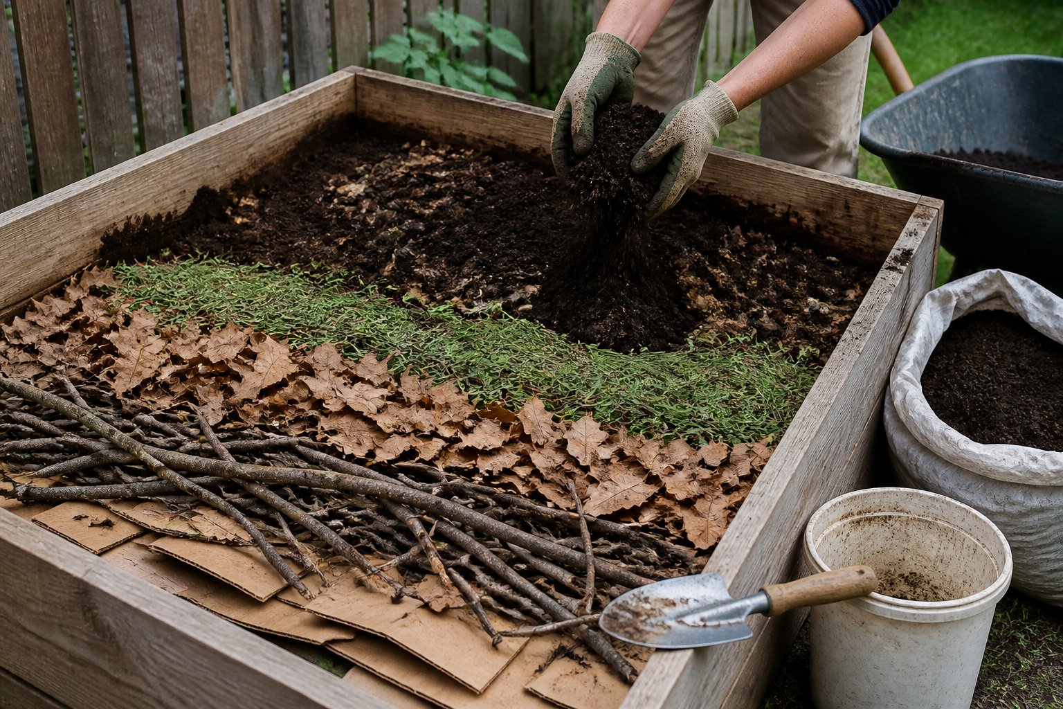 A person adds layers of leaves, branches, compost, and soil to a wooden raised garden bed using simple gardening tools.