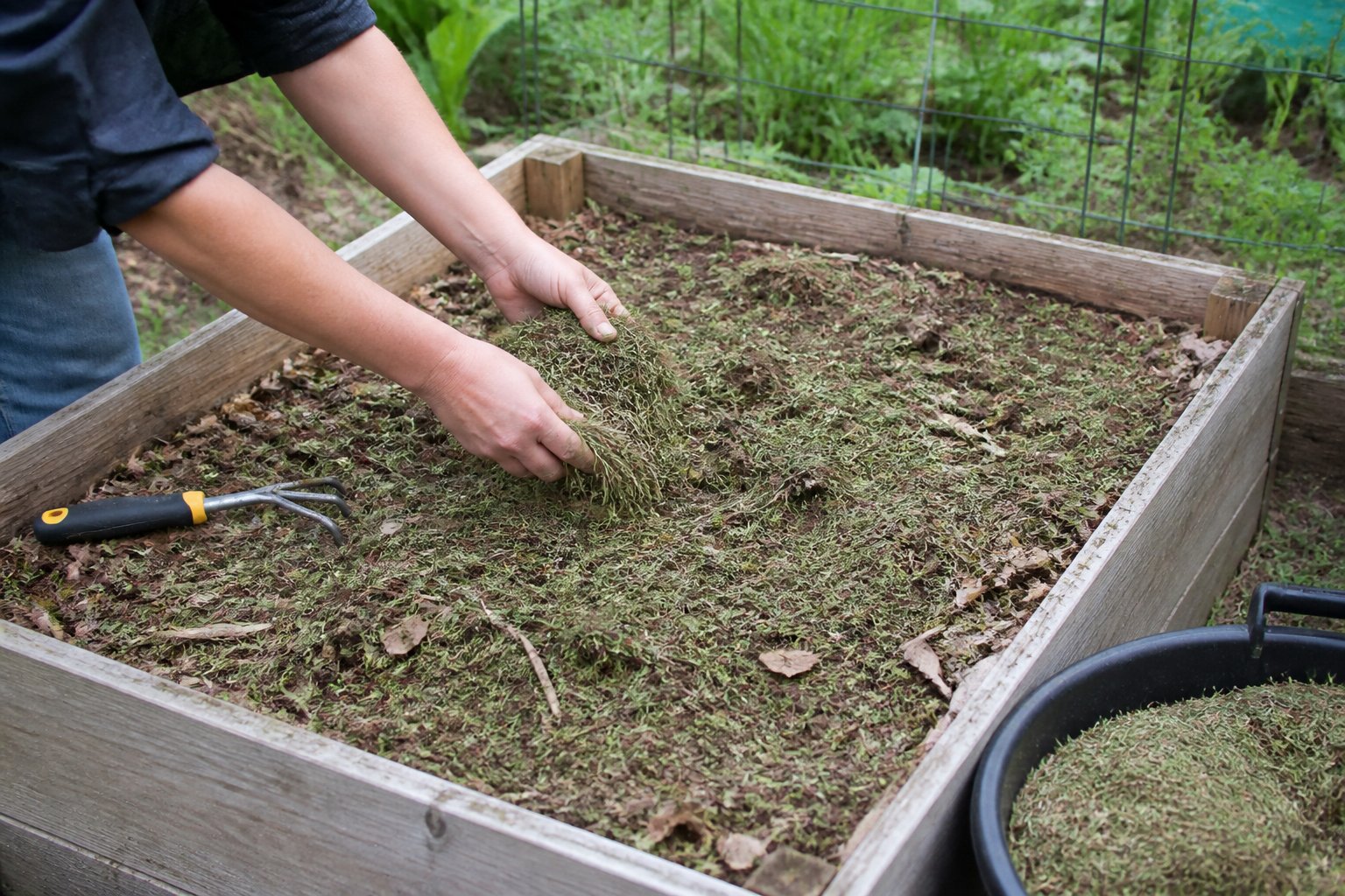 A person spreads a thin layer of grass clippings across the soil in a wooden raised garden bed.