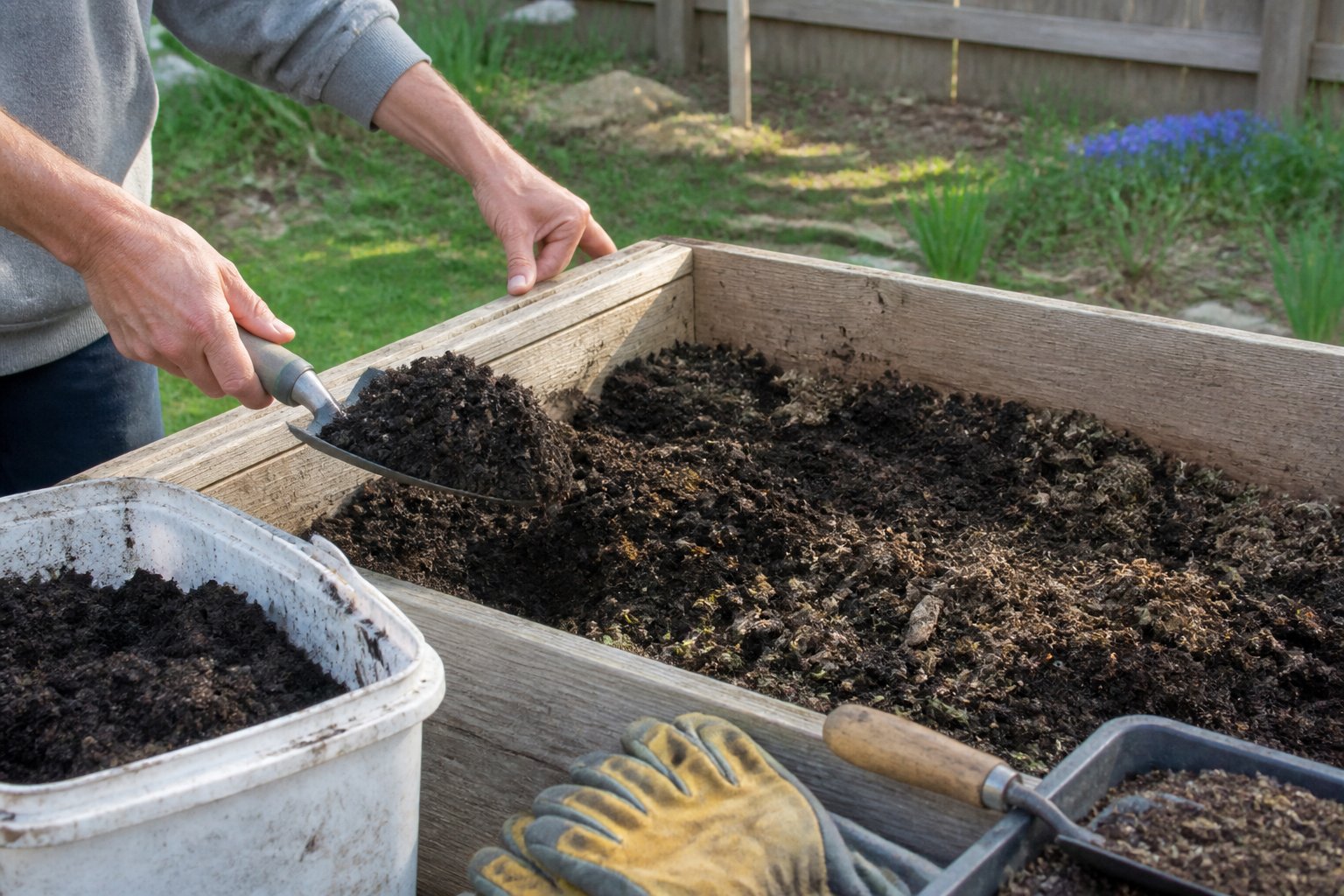 Hands add finished potting soil from a reused container to a partially filled wooden raised garden bed.