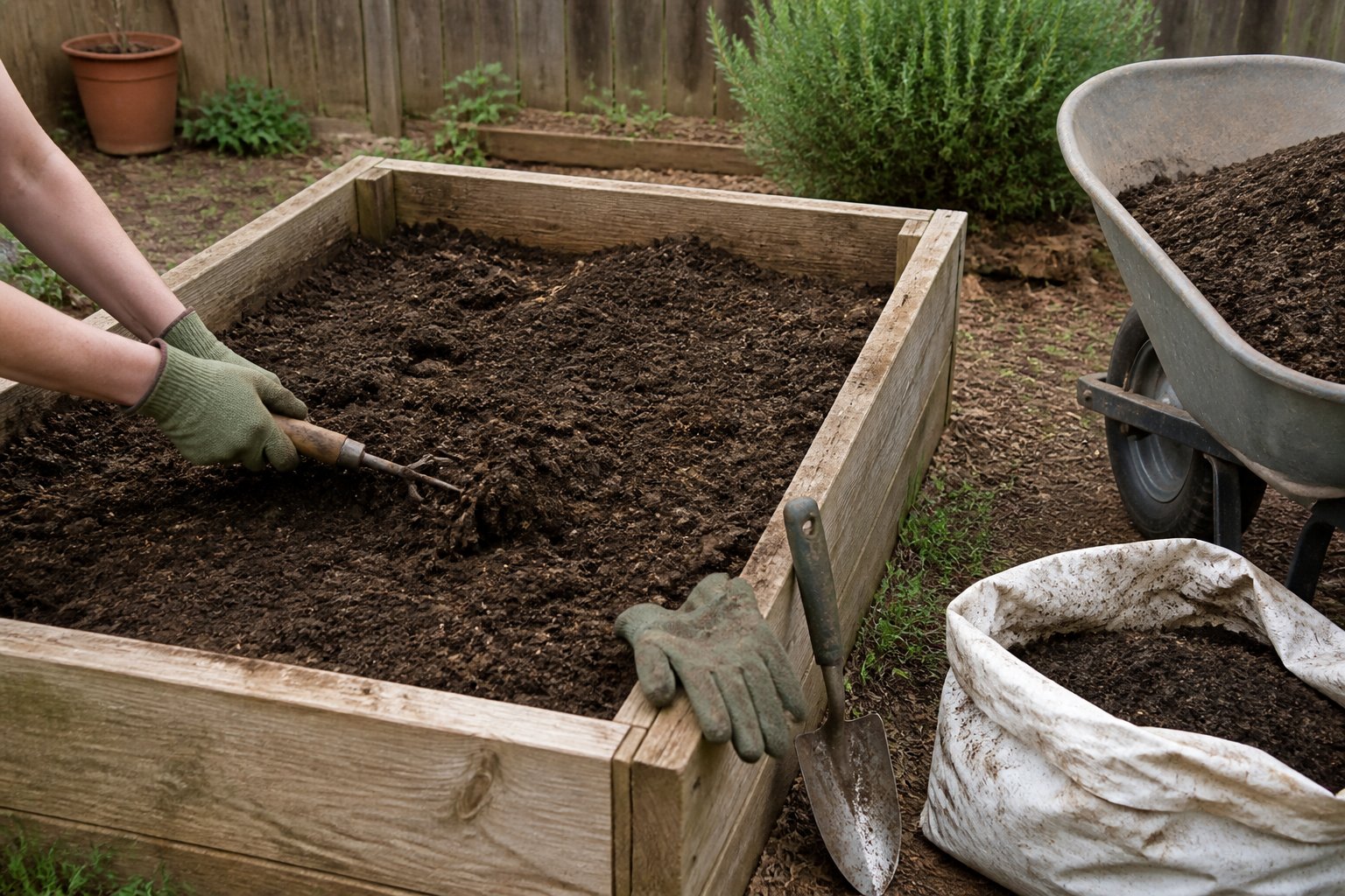 A raised wooden garden bed being filled with dark topsoil, with gardening tools and gloves beside it.