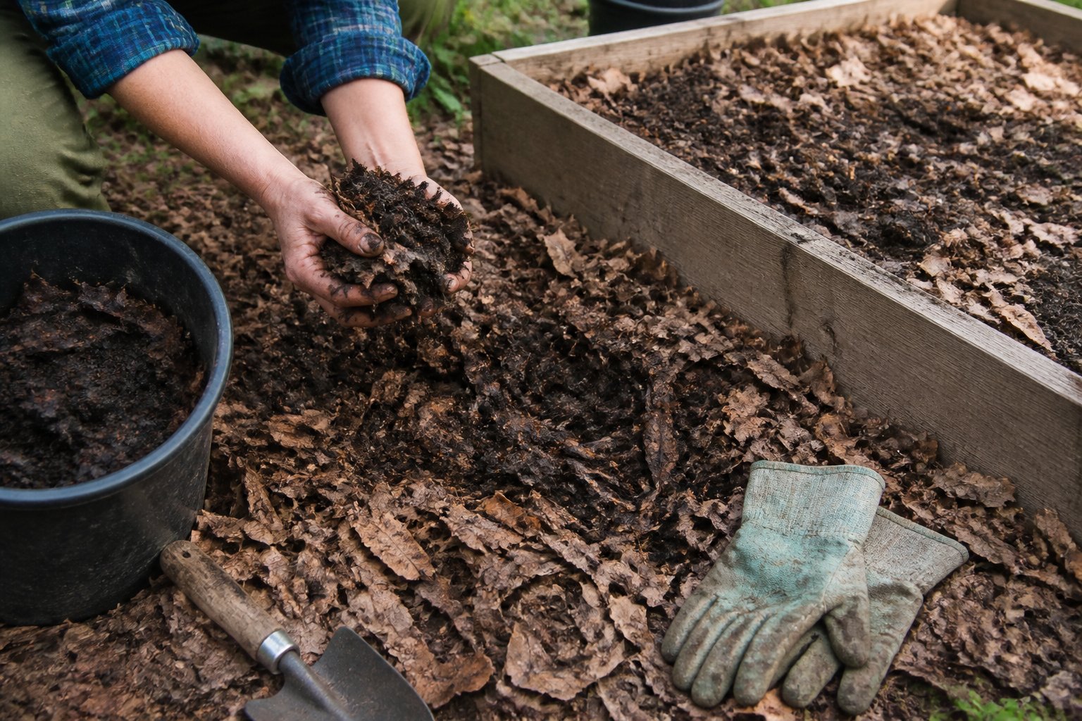 Hands collect dark leaf mold from beneath fallen leaves beside a wooden raised garden bed.