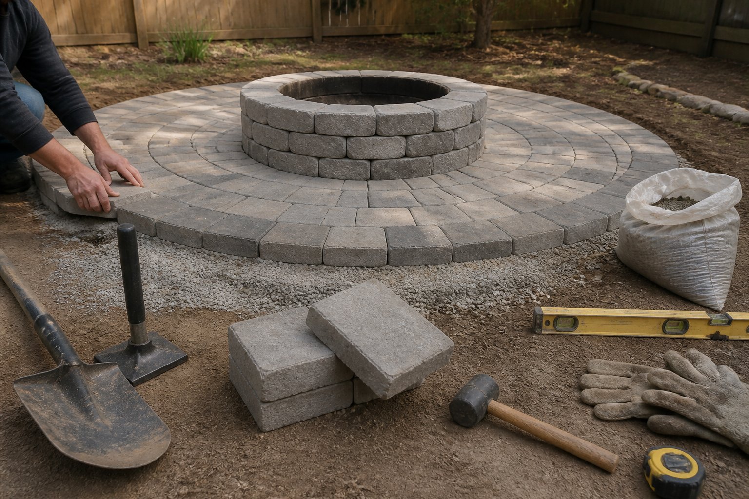 A person builds a small paved fire pit patio in a backyard with tools, gravel, and pavers nearby.