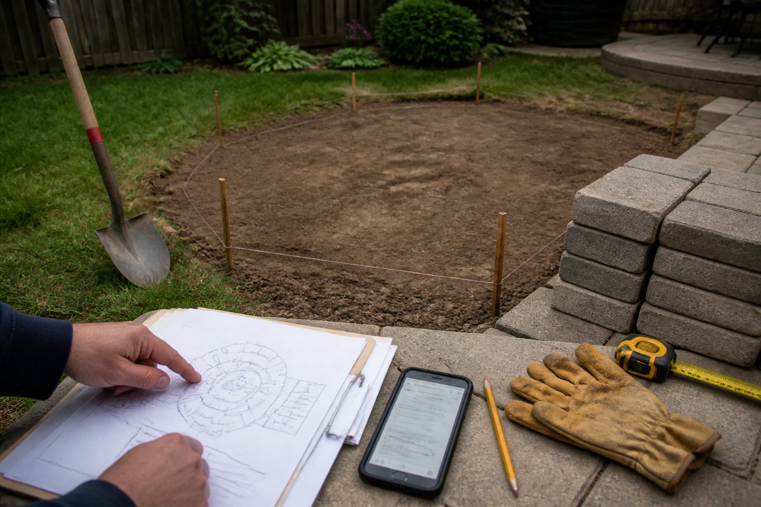 A person reviews paperwork and a site sketch beside a backyard area marked for a planned fire pit patio, with tools and paving materials nearby.
