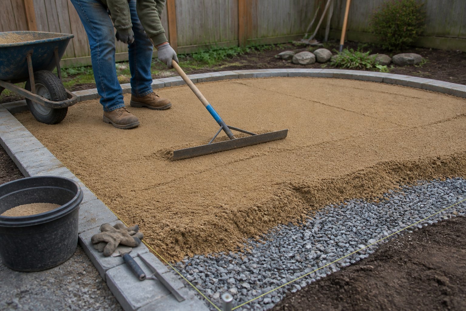 A person spreads a thin layer of tan sand over a compacted gravel base for a backyard patio.