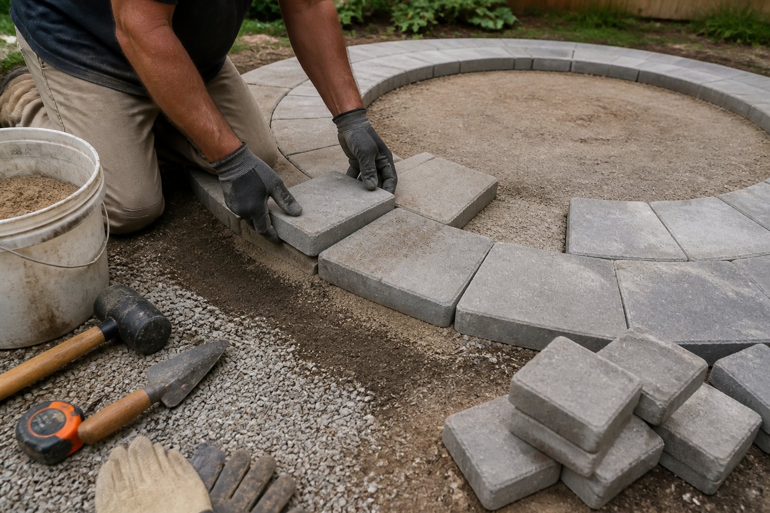 A person places gray concrete pavers inward from the outer edge of a partially completed backyard patio, with tools, sand, and extra pavers nearby.