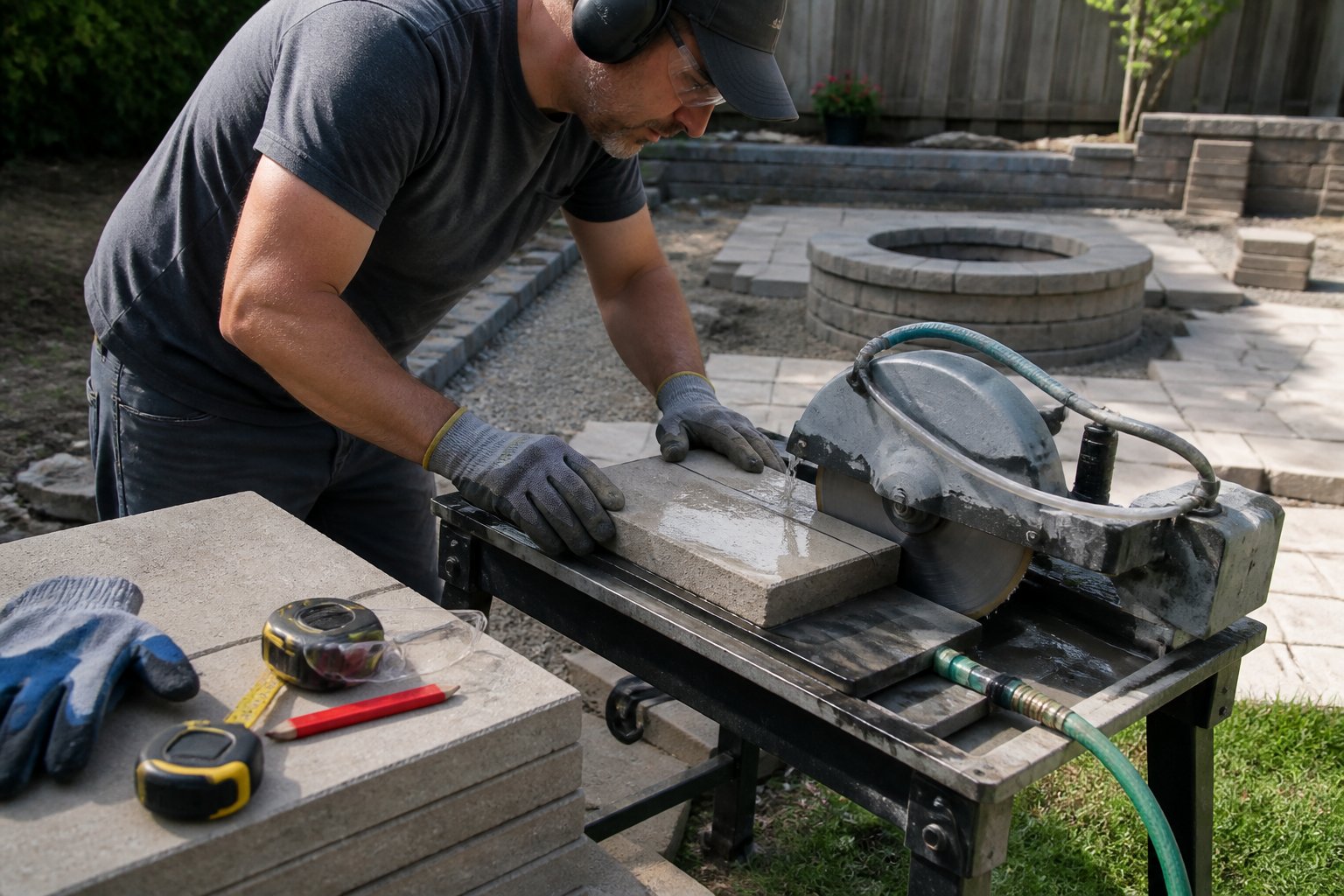 A homeowner uses a masonry saw to cut a concrete paver for a backyard fire pit patio.