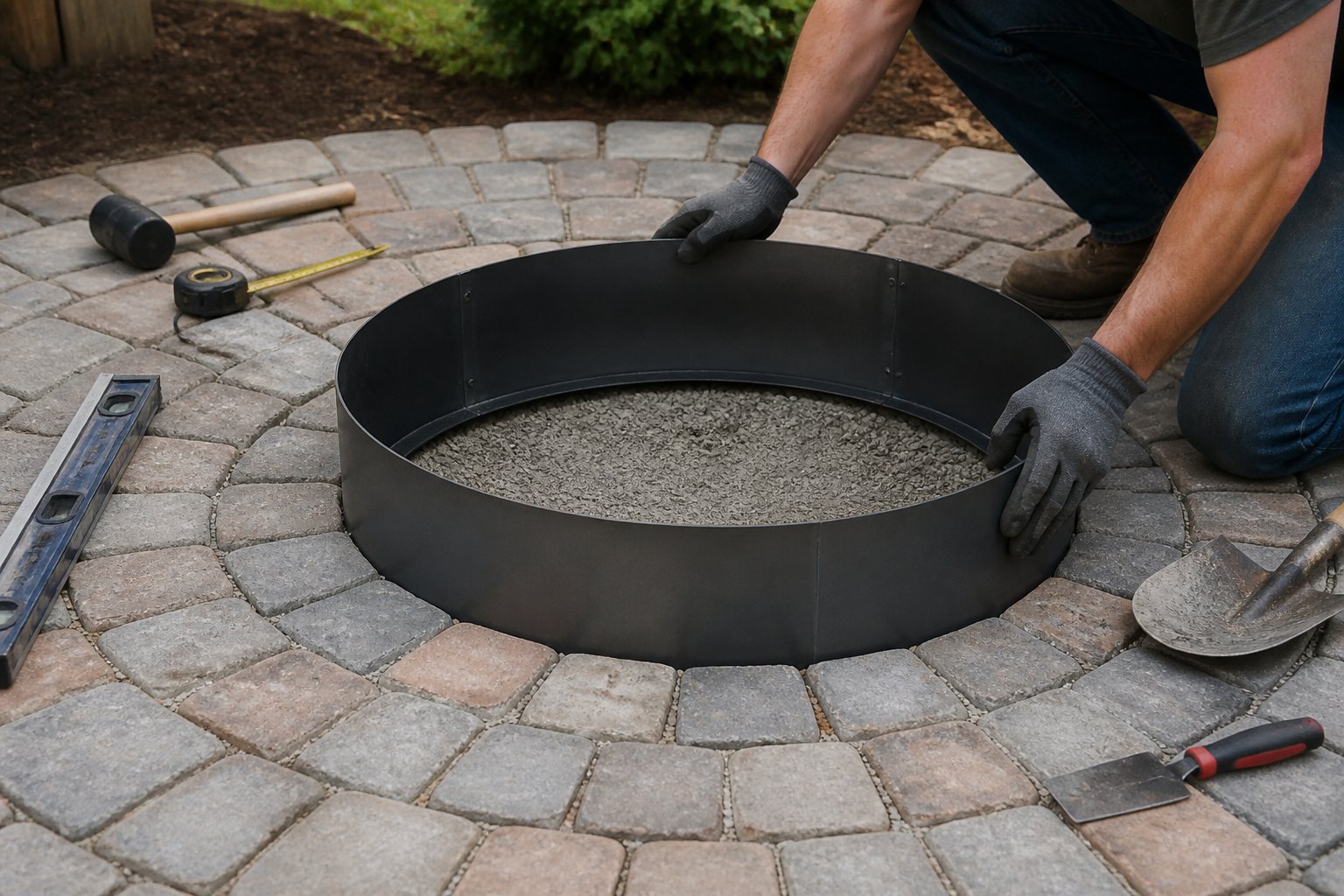 A person installs a round steel fire ring in the center of a paved patio, with tools nearby.