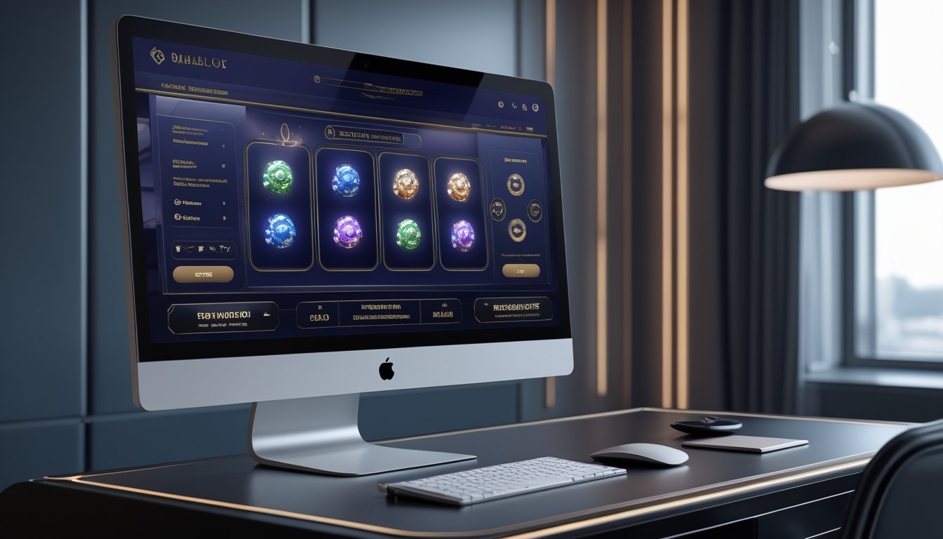Monitor dan ponsel menampilkan antarmuka permainan slot modern di atas meja kerja bergaya kontemporer.