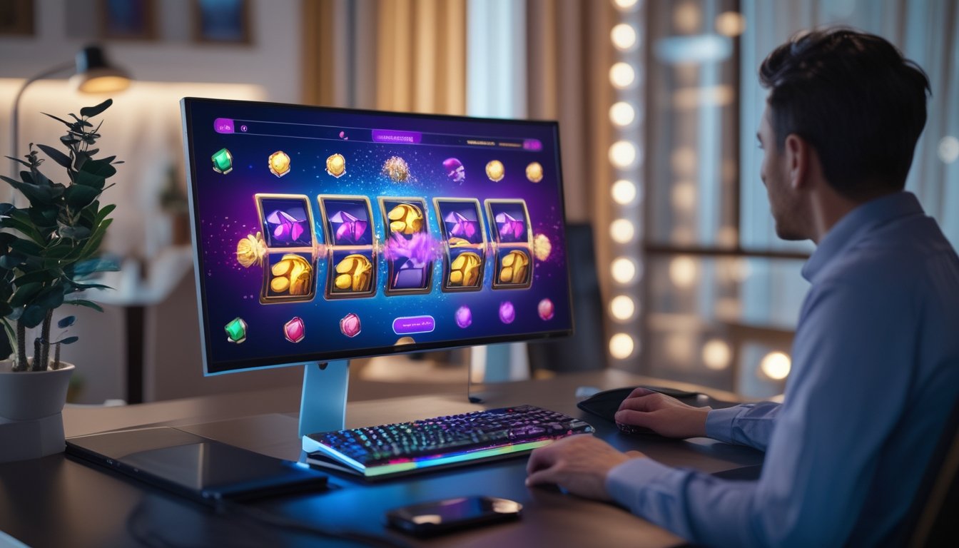 Seseorang menggunakan komputer dengan tampilan permainan slot digital berwarna-warni di ruang modern.